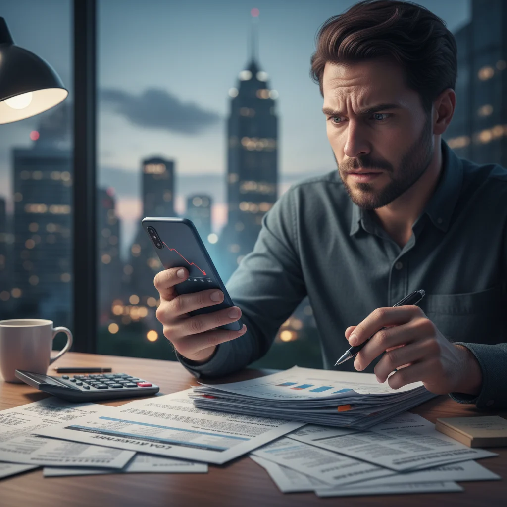 Person stressed over financial statements and debt