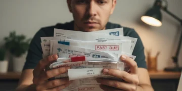 Stressed person holding medical bills, symbolizing financial burden.