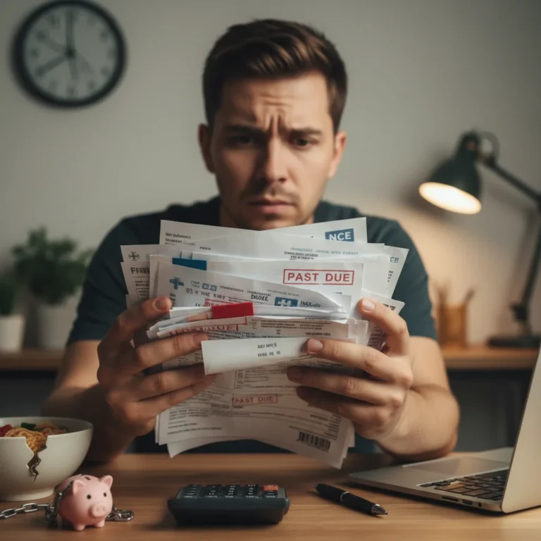 Stressed person holding medical bills, symbolizing financial burden.