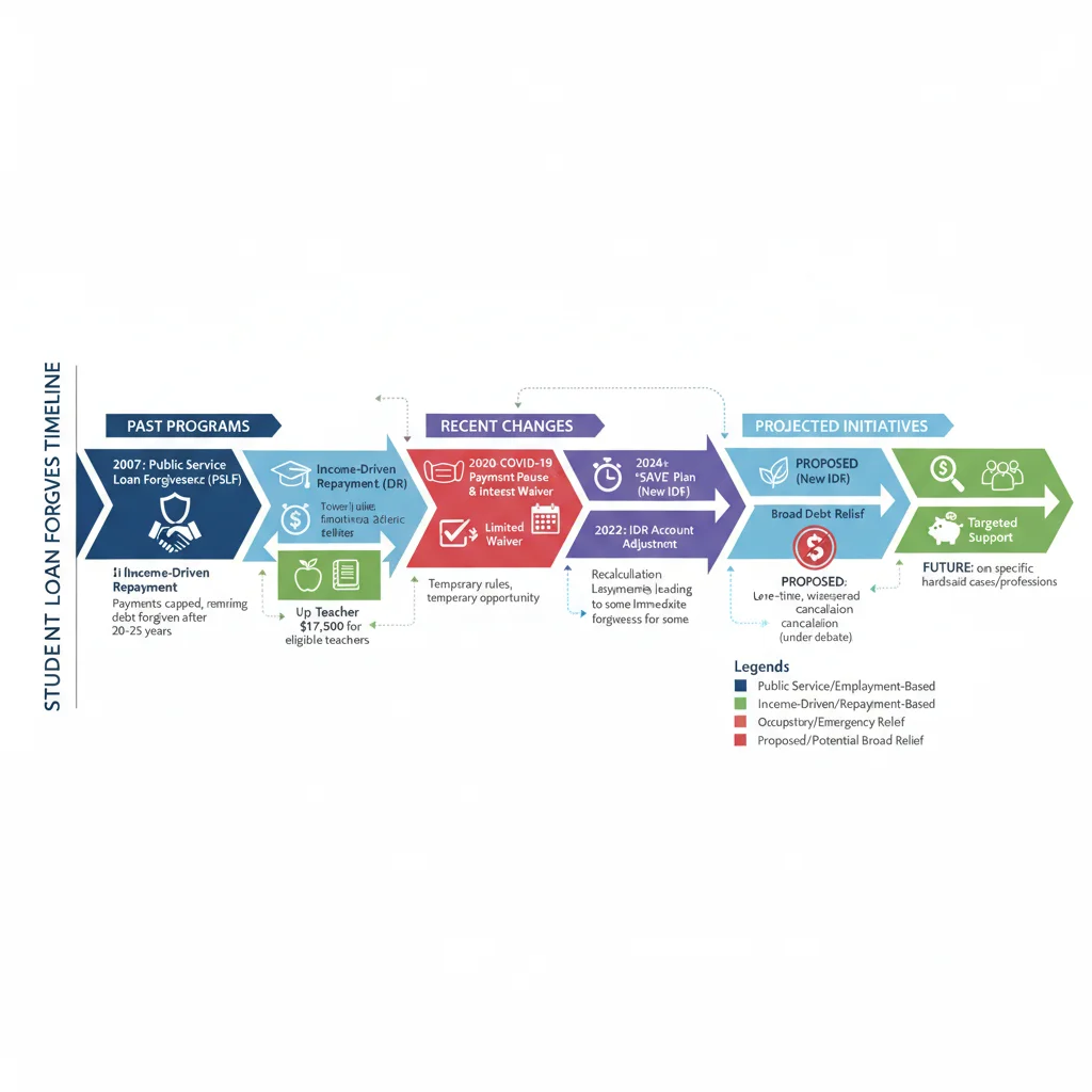 Infographic showing timeline of student loan forgiveness programs and policy changes