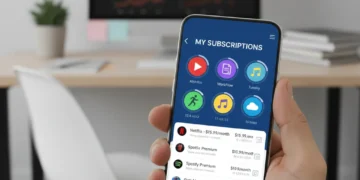 Hand holding smartphone with subscription management app, symbolizing digital financial control.