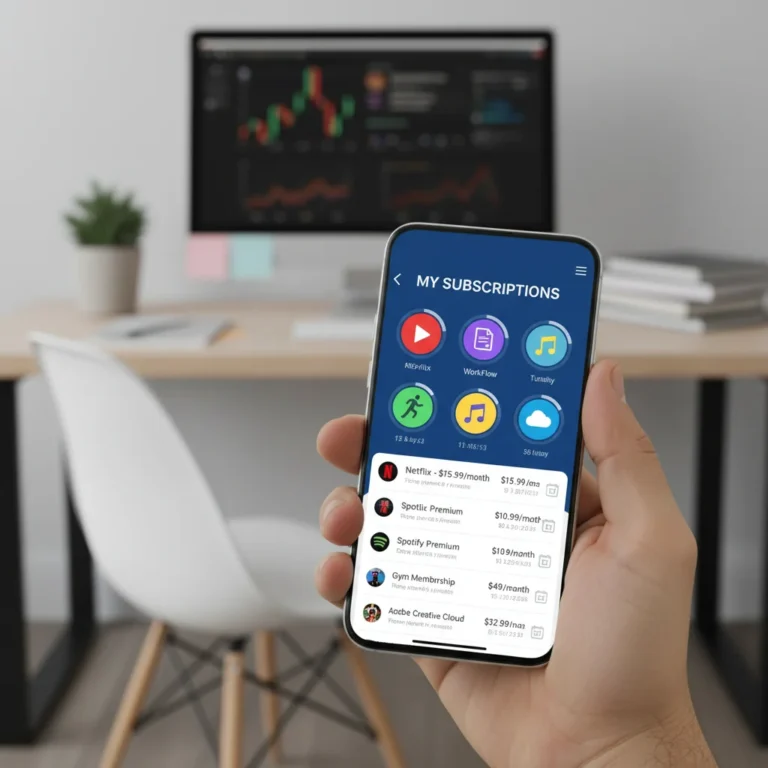 Hand holding smartphone with subscription management app, symbolizing digital financial control.