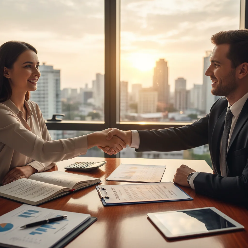 Person shaking hands with financial advisor after successful credit negotiation.