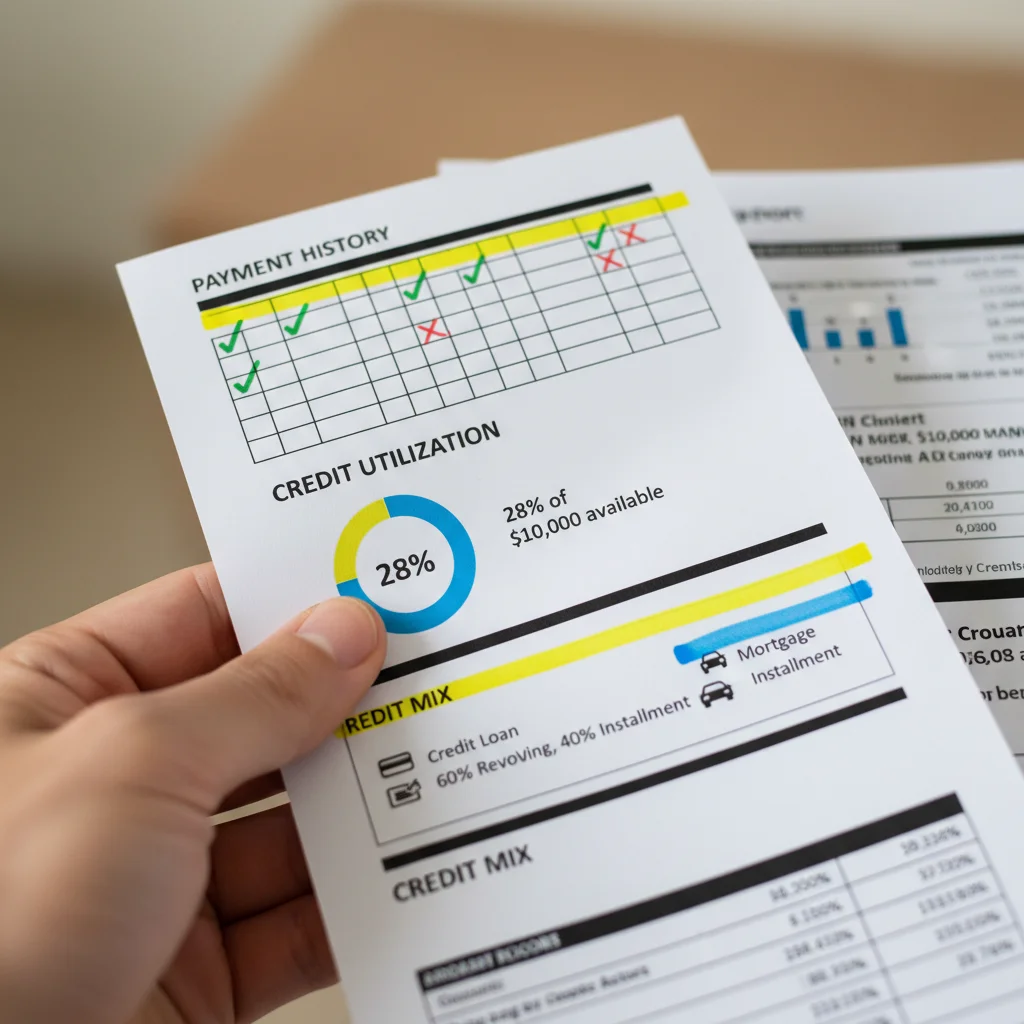 Detailed credit report showing factors influencing credit score.