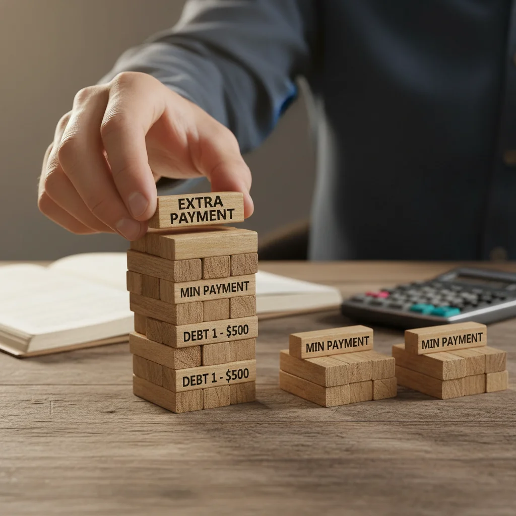 Hand placing an extra payment block on a debt stack, illustrating the debt snowball strategy.