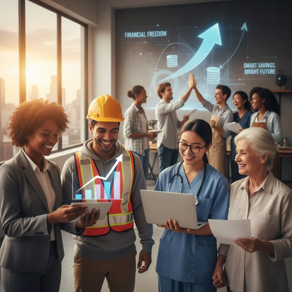 Diverse US workers confidently managing their finances, representing financial security.