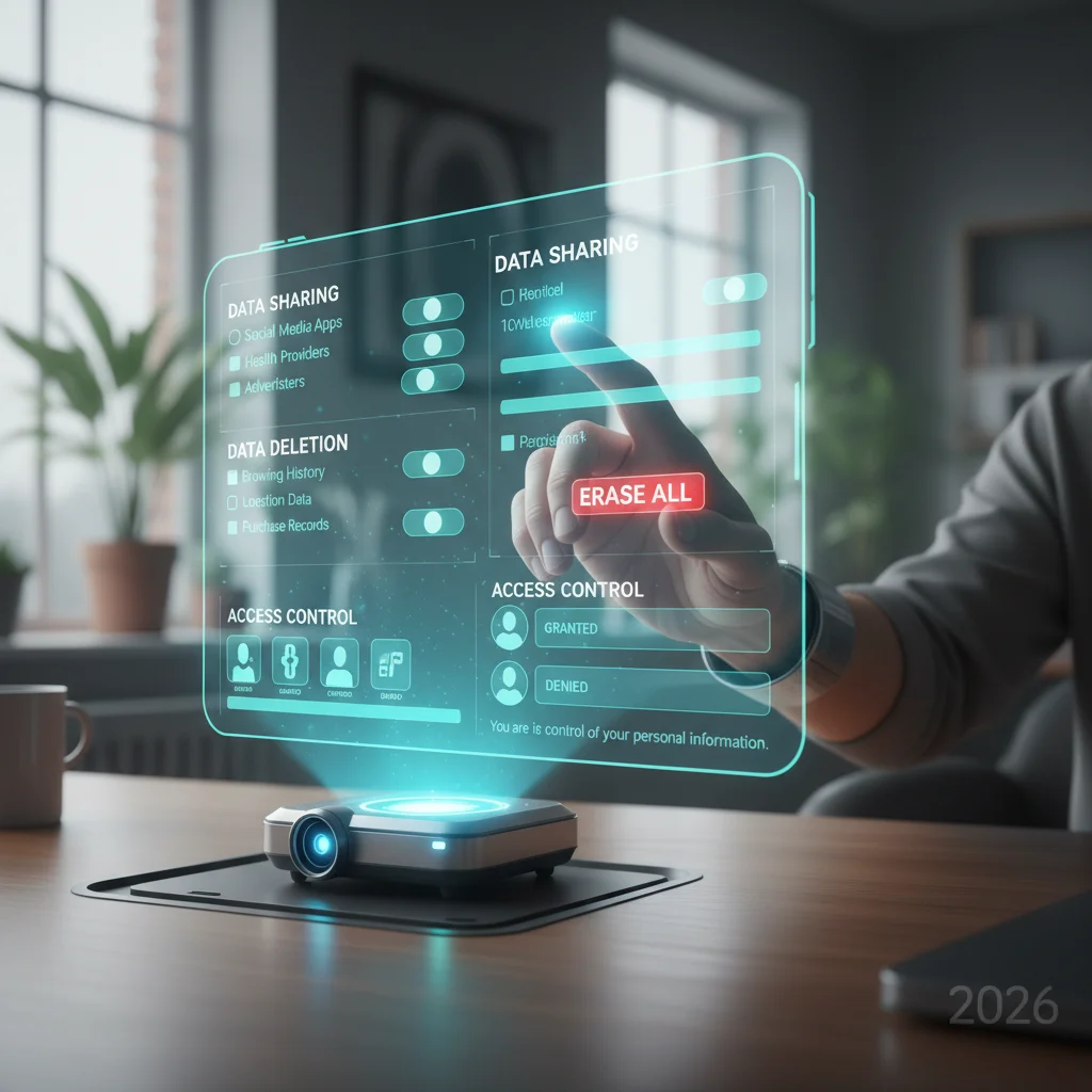 Holographic interface showing user data and privacy settings, symbolizing data control.