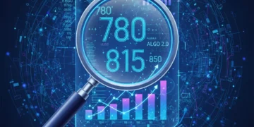 Magnifying glass examining a credit report with digital overlays, symbolizing VantageScore 4.0 analysis.