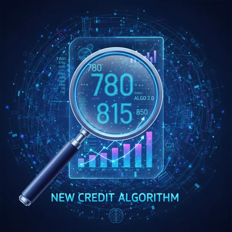 Magnifying glass examining a credit report with digital overlays, symbolizing VantageScore 4.0 analysis.