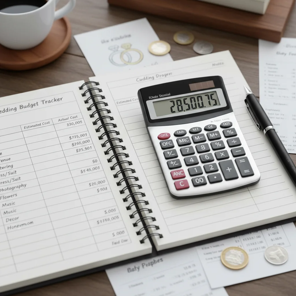Detailed wedding budget planning with calculator and notebook.