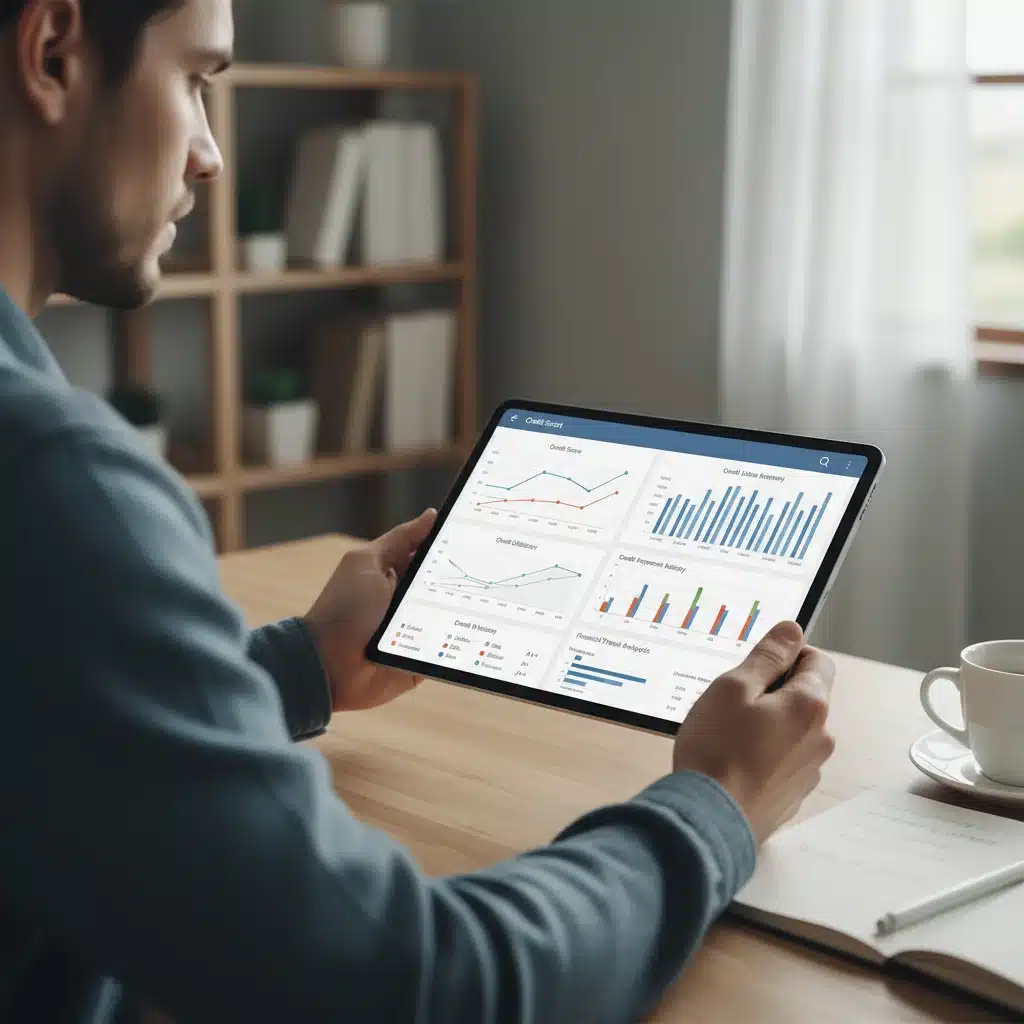 Person analyzing credit report data and financial trends on a tablet.