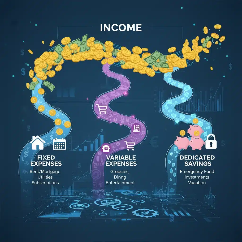 Diagram illustrating automated income and expense financial flows