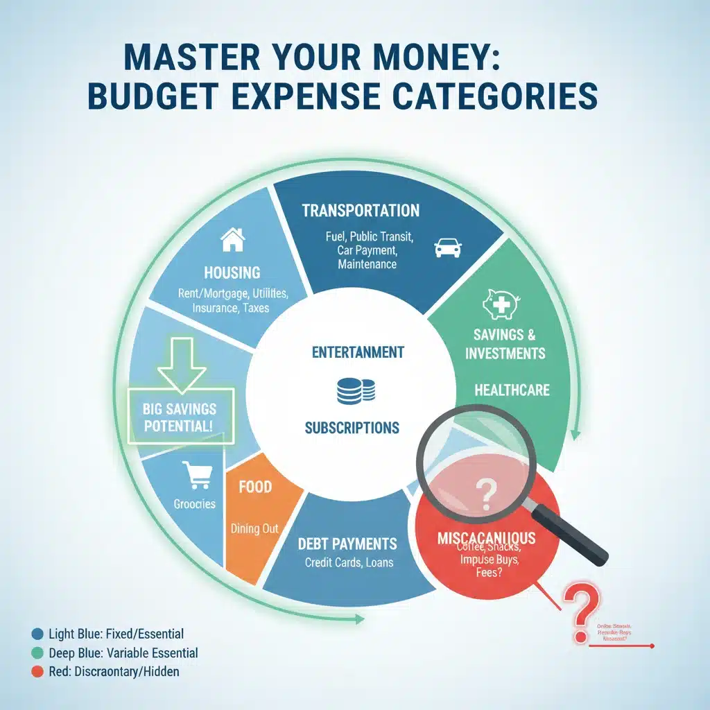 Infographic showing common budget categories and potential savings areas
