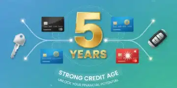 Timeline showing 5 years of credit history with credit cards, house key, and car key.