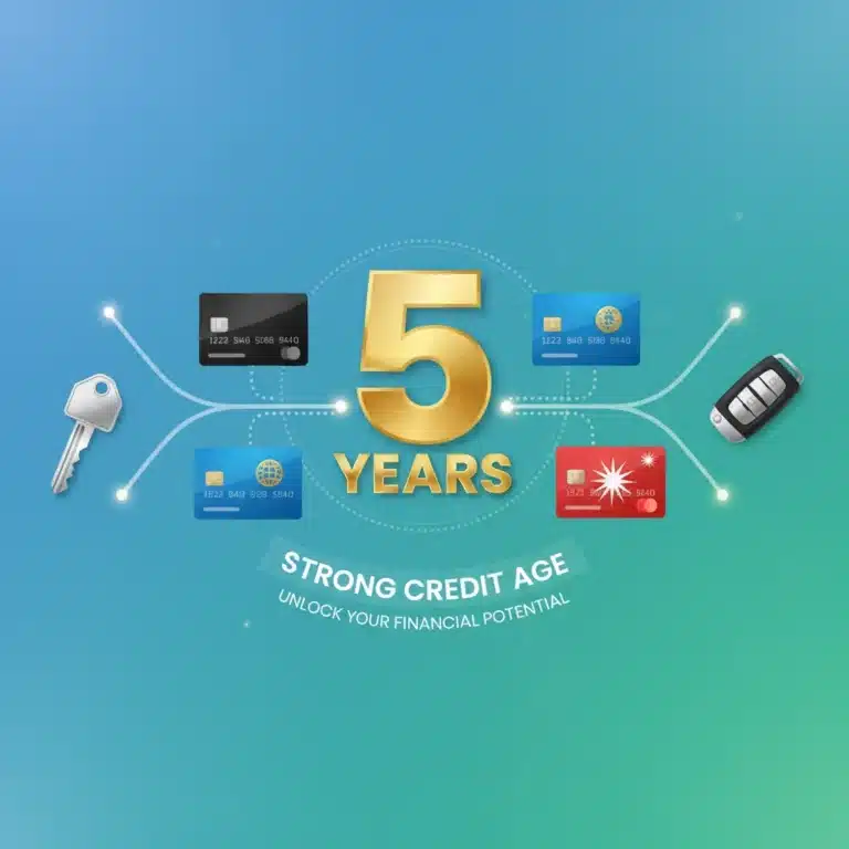 Timeline showing 5 years of credit history with credit cards, house key, and car key.