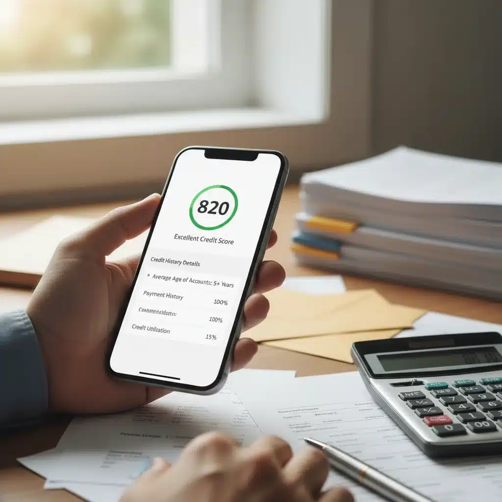 Smartphone displaying credit report with average age of accounts over 5 years.
