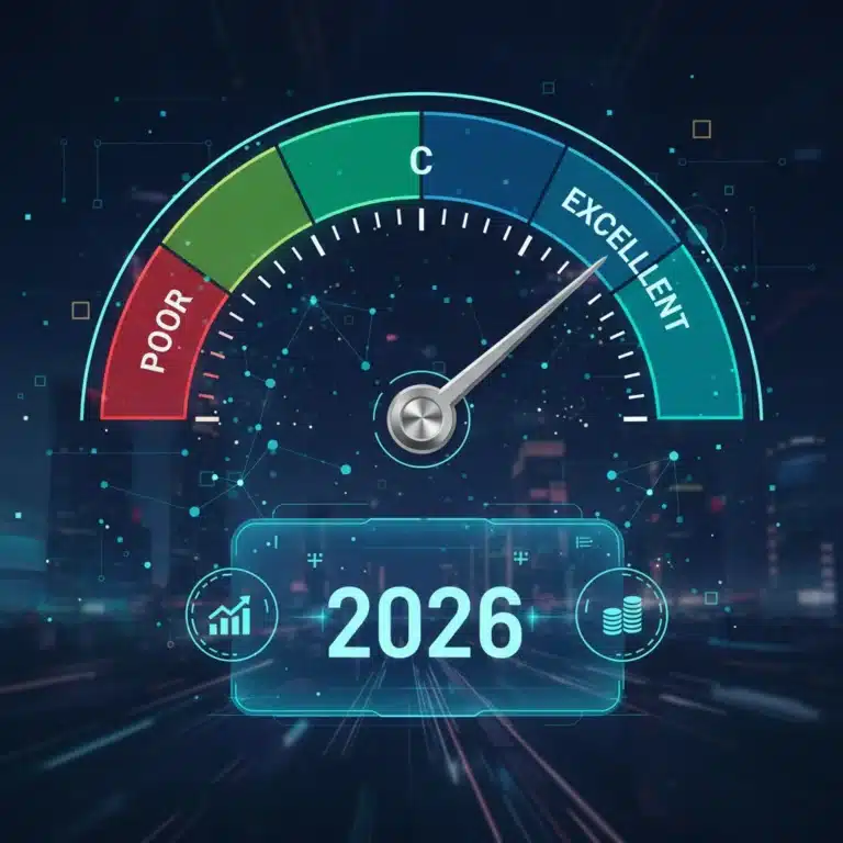 FICO Score 10 T meter showing high credit score, digital data points, and 2026 calendar.