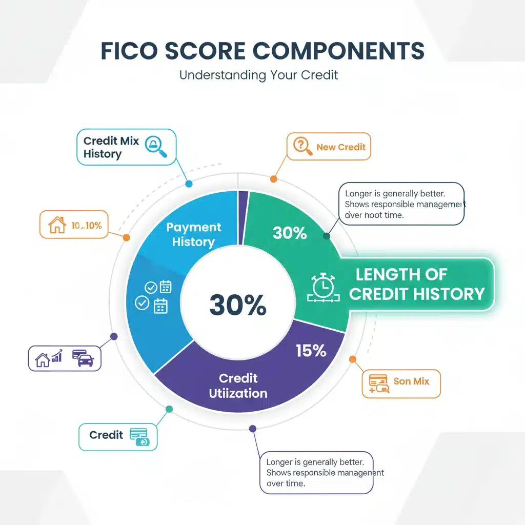 Infographic showing FICO score components with length of credit history highlighted.