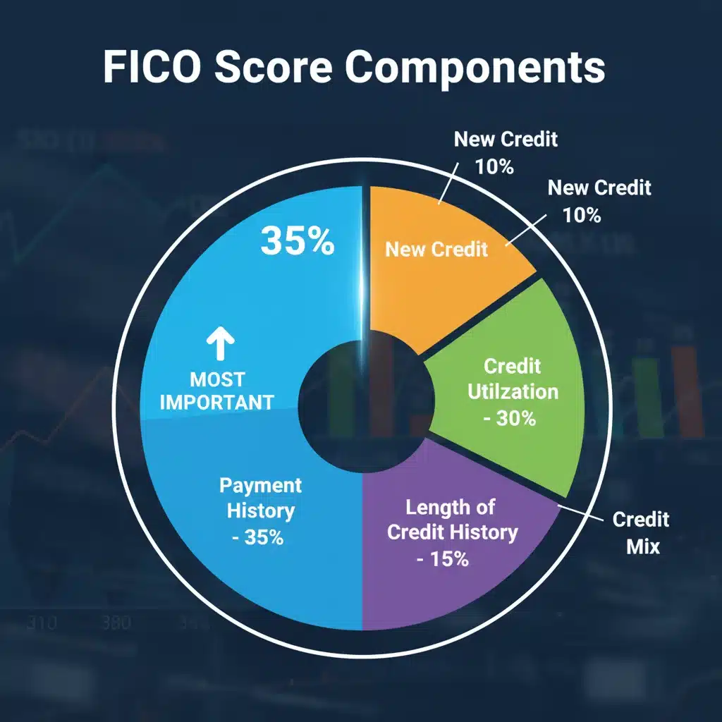 Infographic showing the weighted factors of a FICO credit score, with payment history as the largest component.