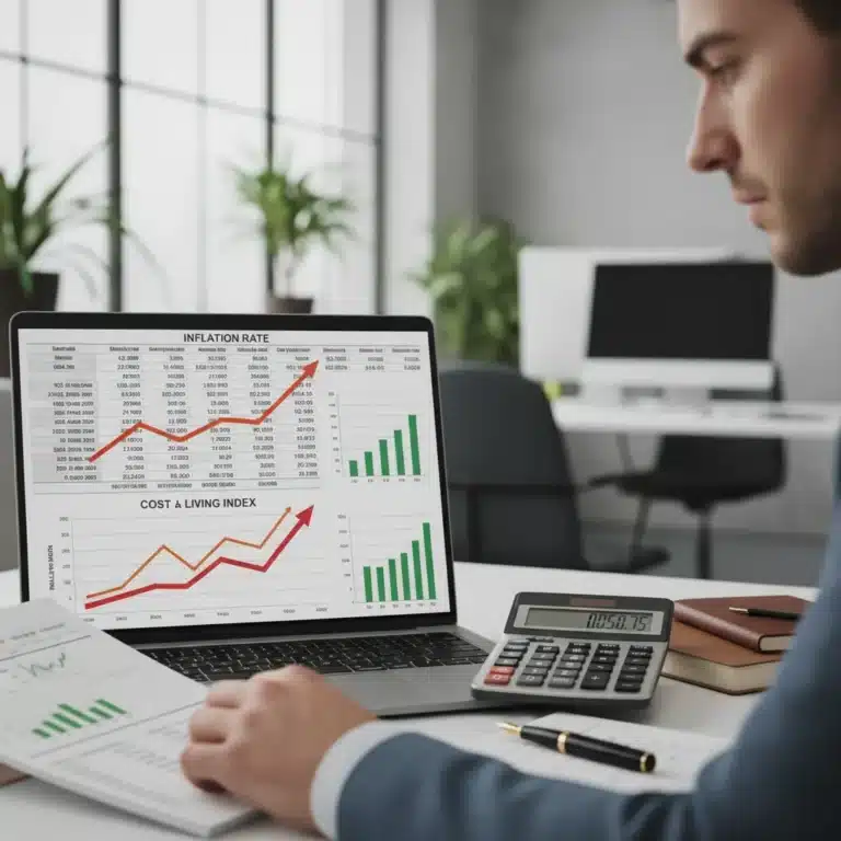 Financial planning for inflation in 2026, person analyzing budget spreadsheet