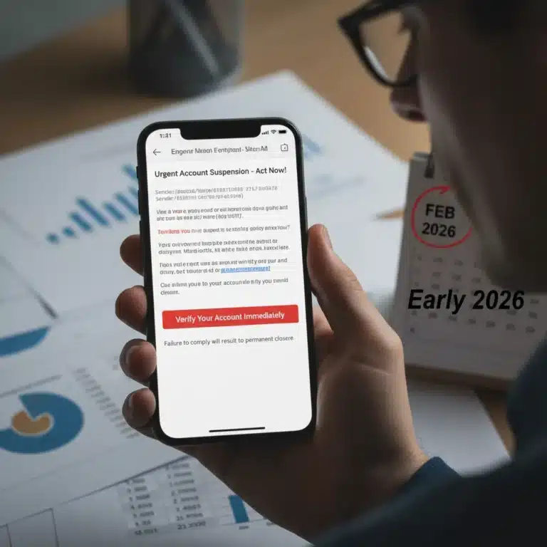 Person looking concerned at a phishing email on a smartphone, representing financial scam prevention.