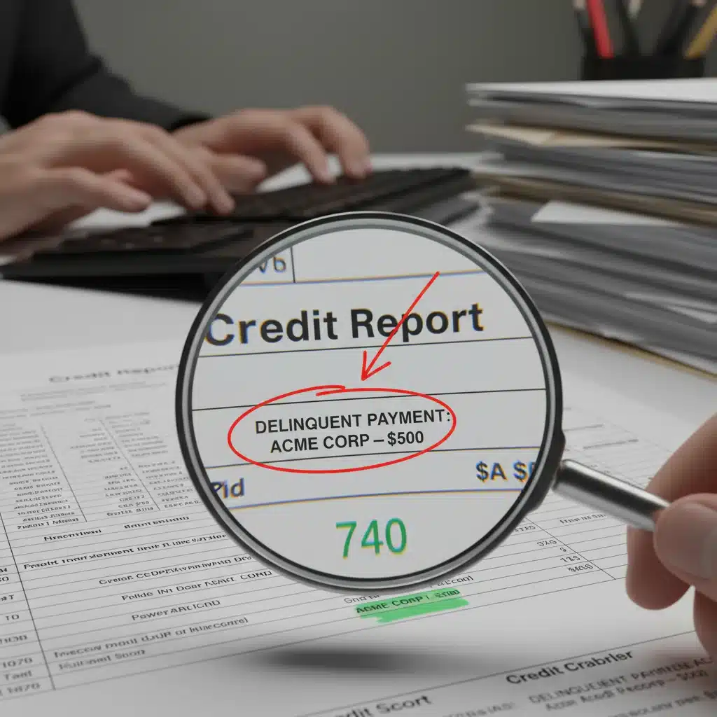 Magnifying glass identifying credit report inaccuracy