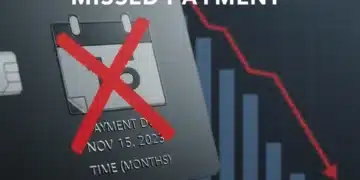 Illustration of a missed credit card payment causing a significant drop in credit score.