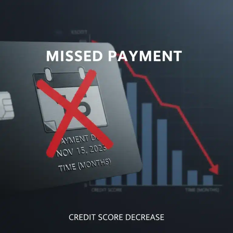 Illustration of a missed credit card payment causing a significant drop in credit score.