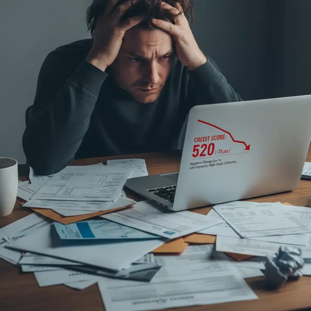 Stressed individual reviewing a credit report showing a score decrease after a missed payment.