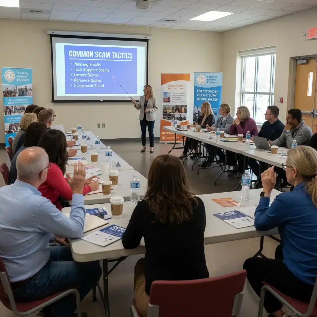 Community members learning about scam awareness at a workshop, promoting public education on financial fraud.