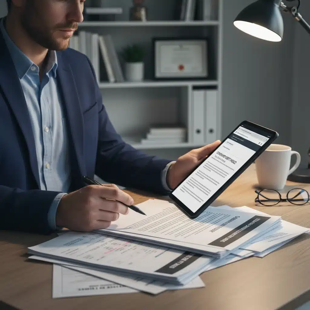 Individual actively reviewing financial documents and new consumer debt protection laws.