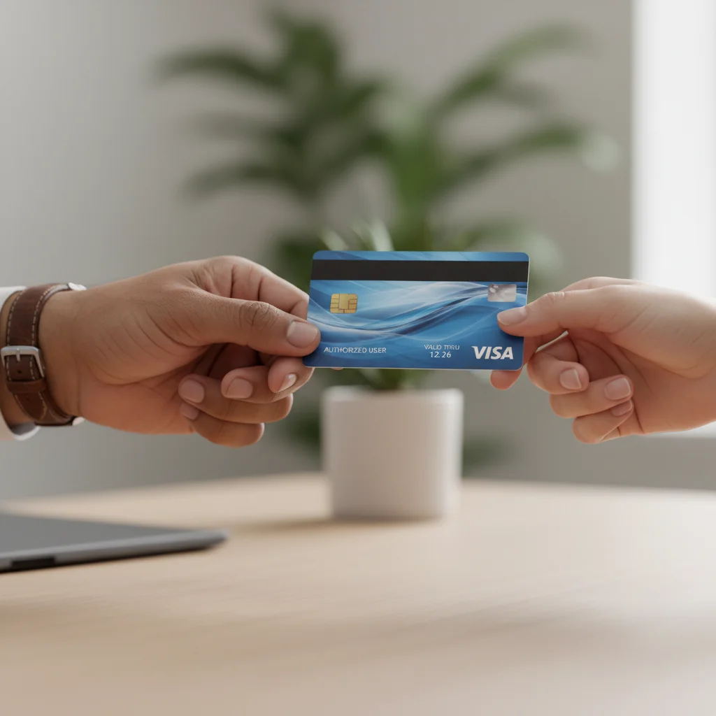 Handing over a credit card, illustrating the process of becoming an authorized user.