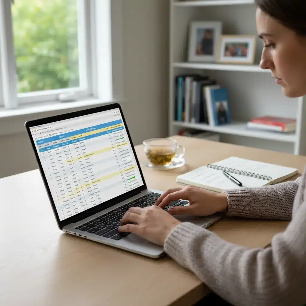 Person meticulously tracking budget on laptop, illustrating detailed financial planning for emergency fund.