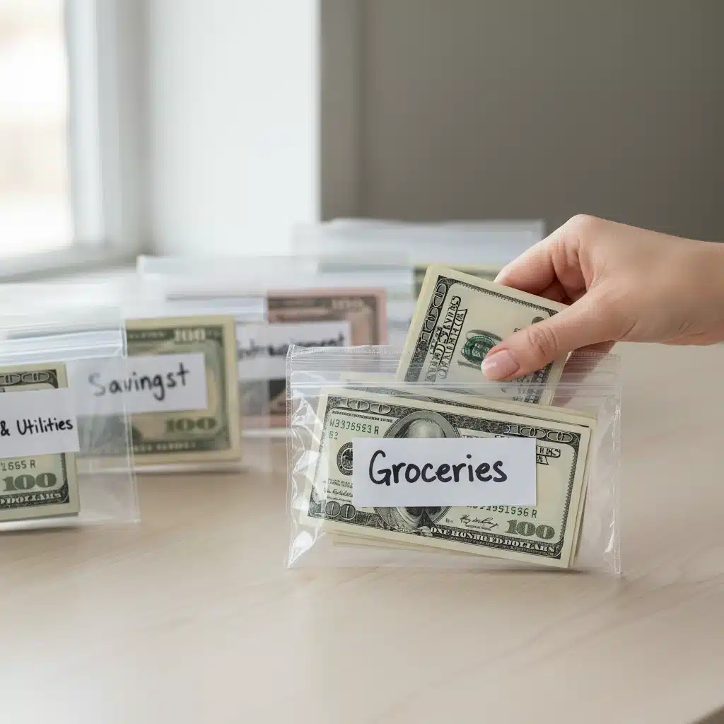Hand placing cash into a 'Groceries' envelope, illustrating physical cash budgeting
