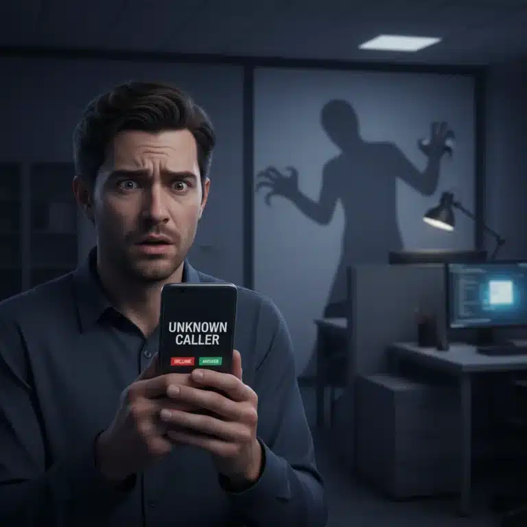 Confused person holding phone, worried about debt collection scam call.