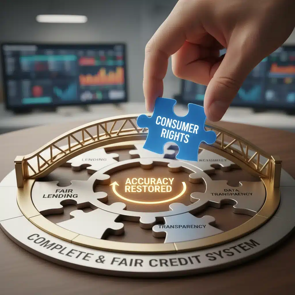 Hand placing 'consumer rights' puzzle piece into financial system, representing fair credit.