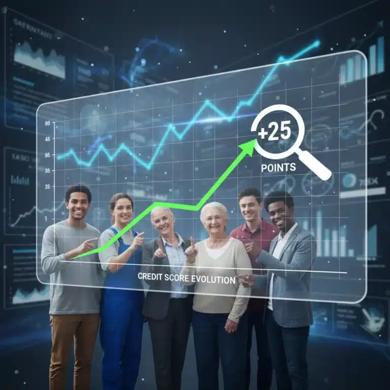 People observing a credit score increase on a digital graph, representing the authorized user strategy's impact.