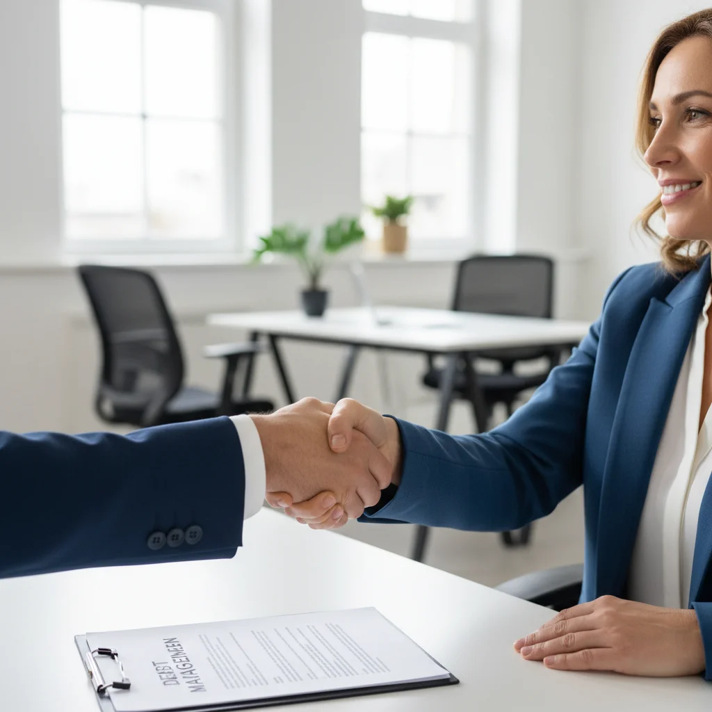 Debt counselor and client shaking hands over financial agreement