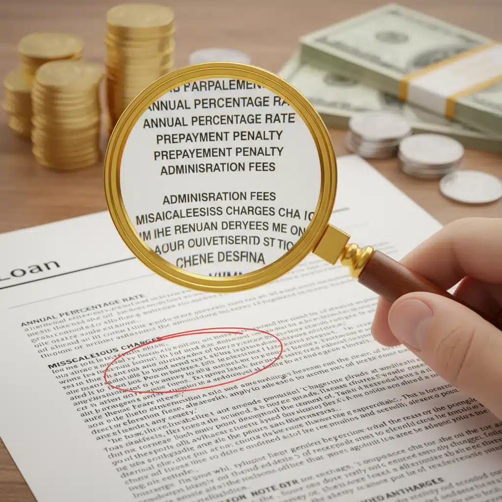 Magnifying glass examining fine print on a loan document, emphasizing the importance of understanding terms and conditions.
