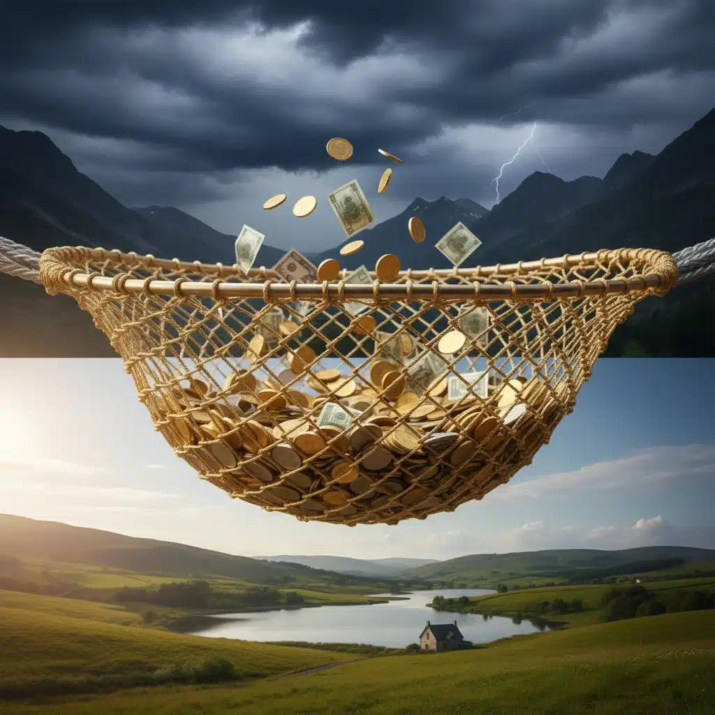 Financial safety net catching money, symbolizing protection against unexpected financial storms and providing peace of mind.