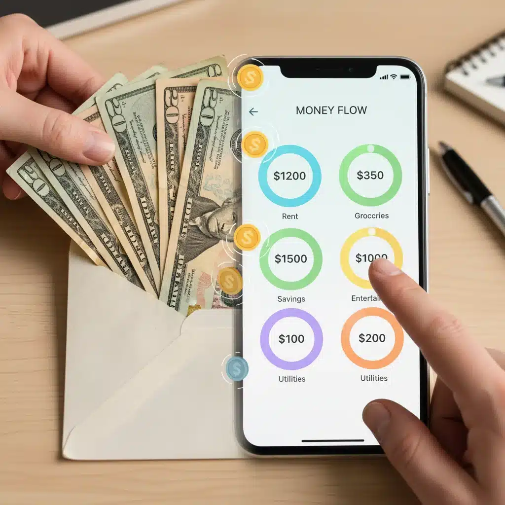 Hybrid budgeting: physical cash envelope next to a digital budgeting app screen