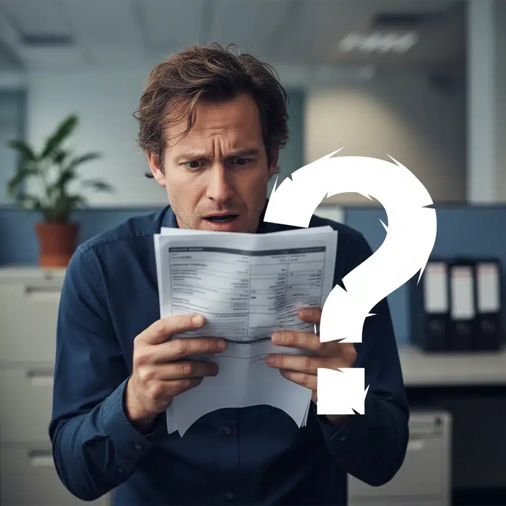 Frustrated person holding credit report with question mark, symbolizing credit data inaccuracy.
