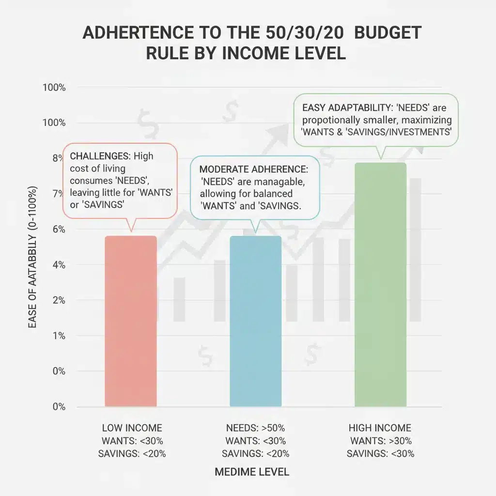 Comparative analysis of 50/30/20 rule application across different income levels.