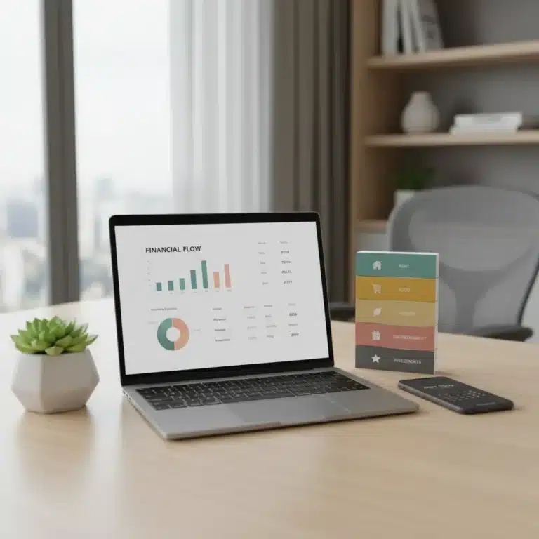Modern budgeting tools and physical envelopes on a clean desk