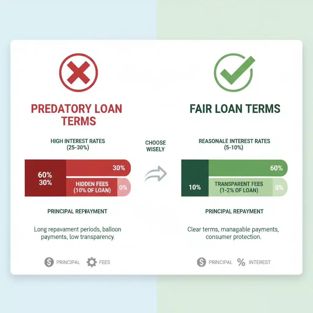 Infographic comparing predatory loan terms with fair loan terms, showing financial impact.