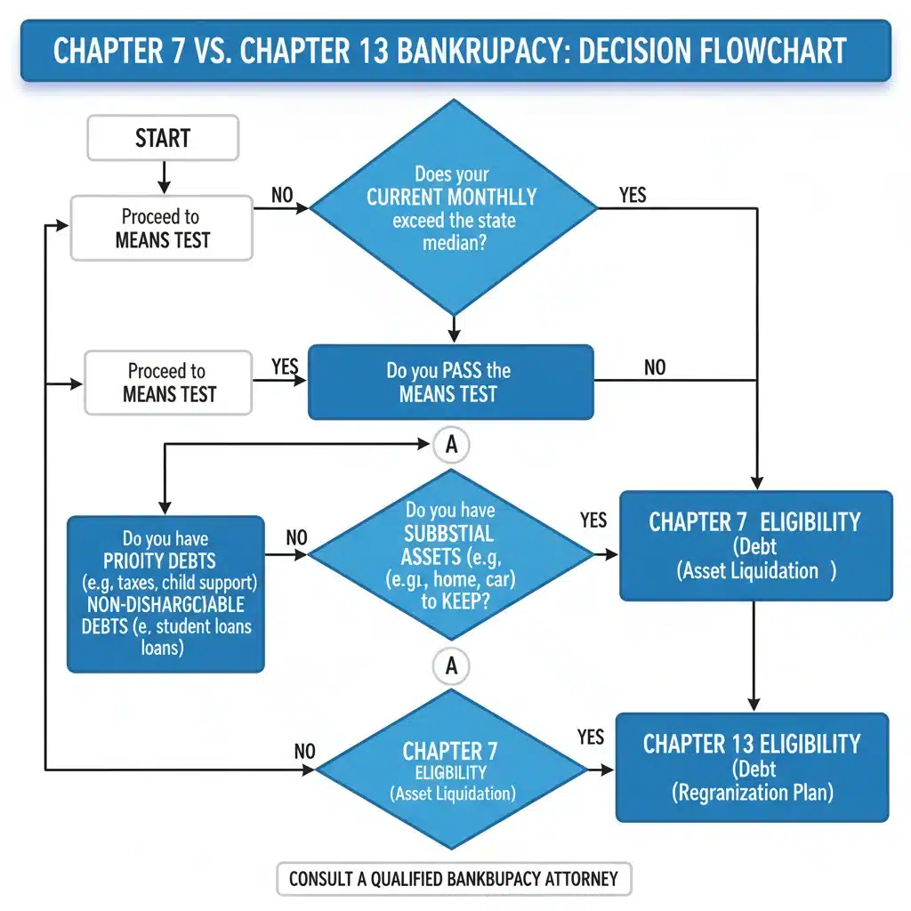 Flowchart guiding the decision between Chapter 7 and Chapter 13 bankruptcy based on financial situation.