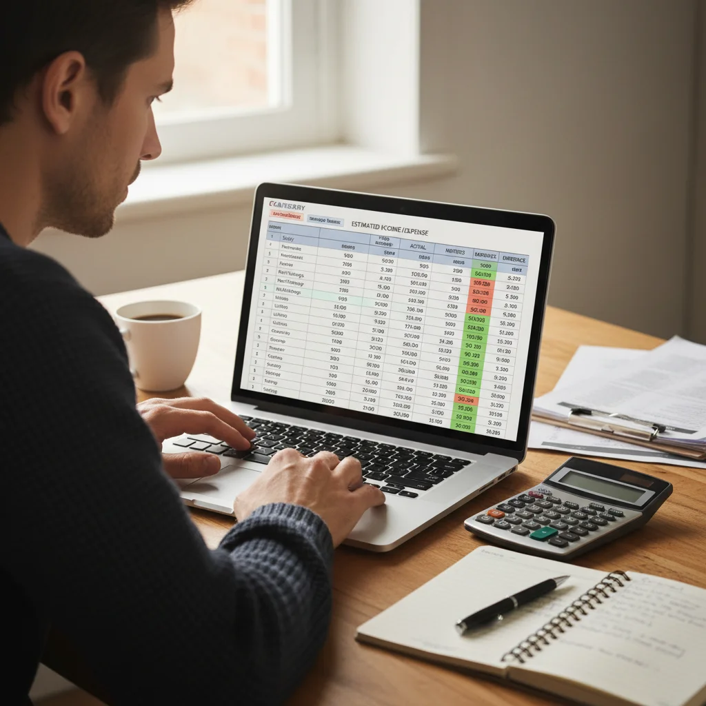 Person diligently reviewing a budget spreadsheet on a laptop for financial planning