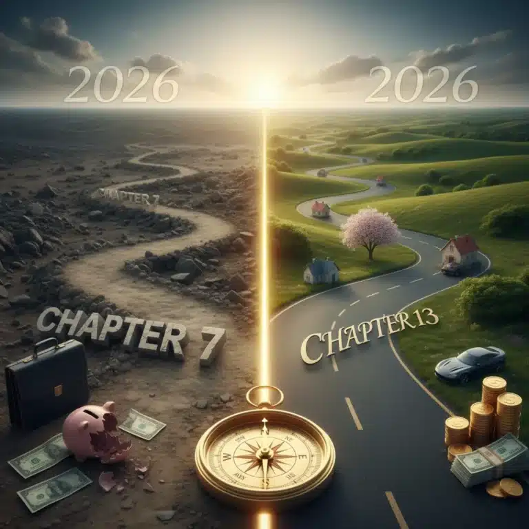 Navigating Chapter 7 vs. Chapter 13 bankruptcy options in 2026, illustrating two different financial recovery paths.
