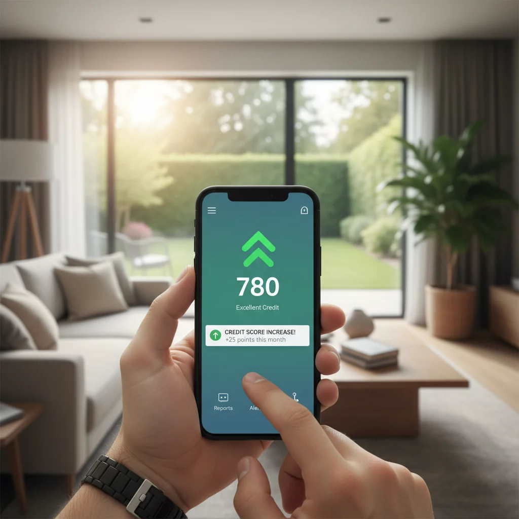 Smartphone displaying credit monitoring app with positive score trend