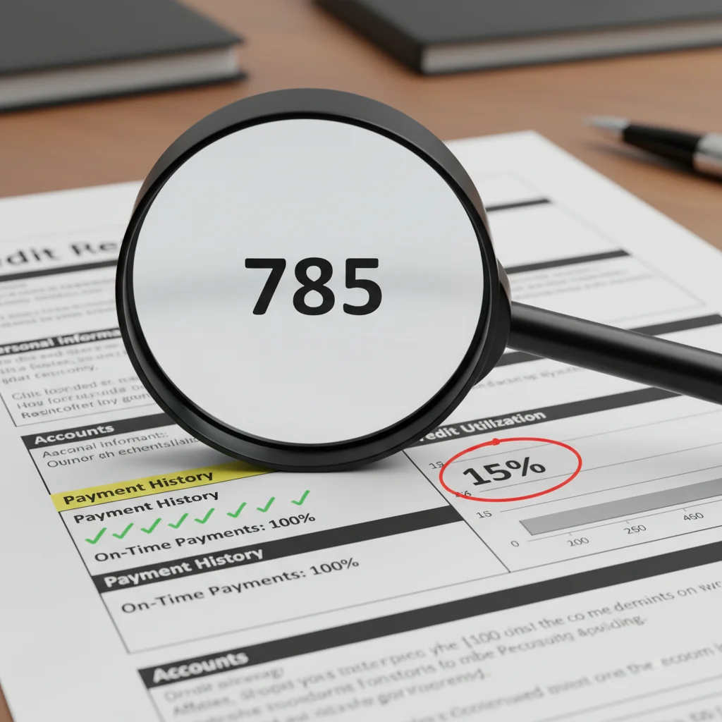 Detailed credit report with magnifying glass over credit score section